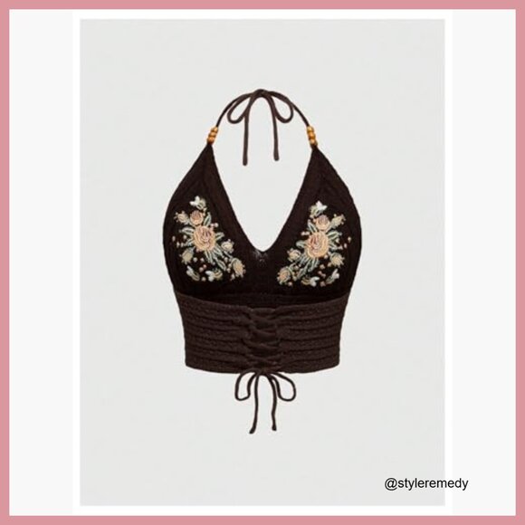 Viscose Halter Neck Crop Tank Top with Beaded Embroidery - Picture 3 of 5